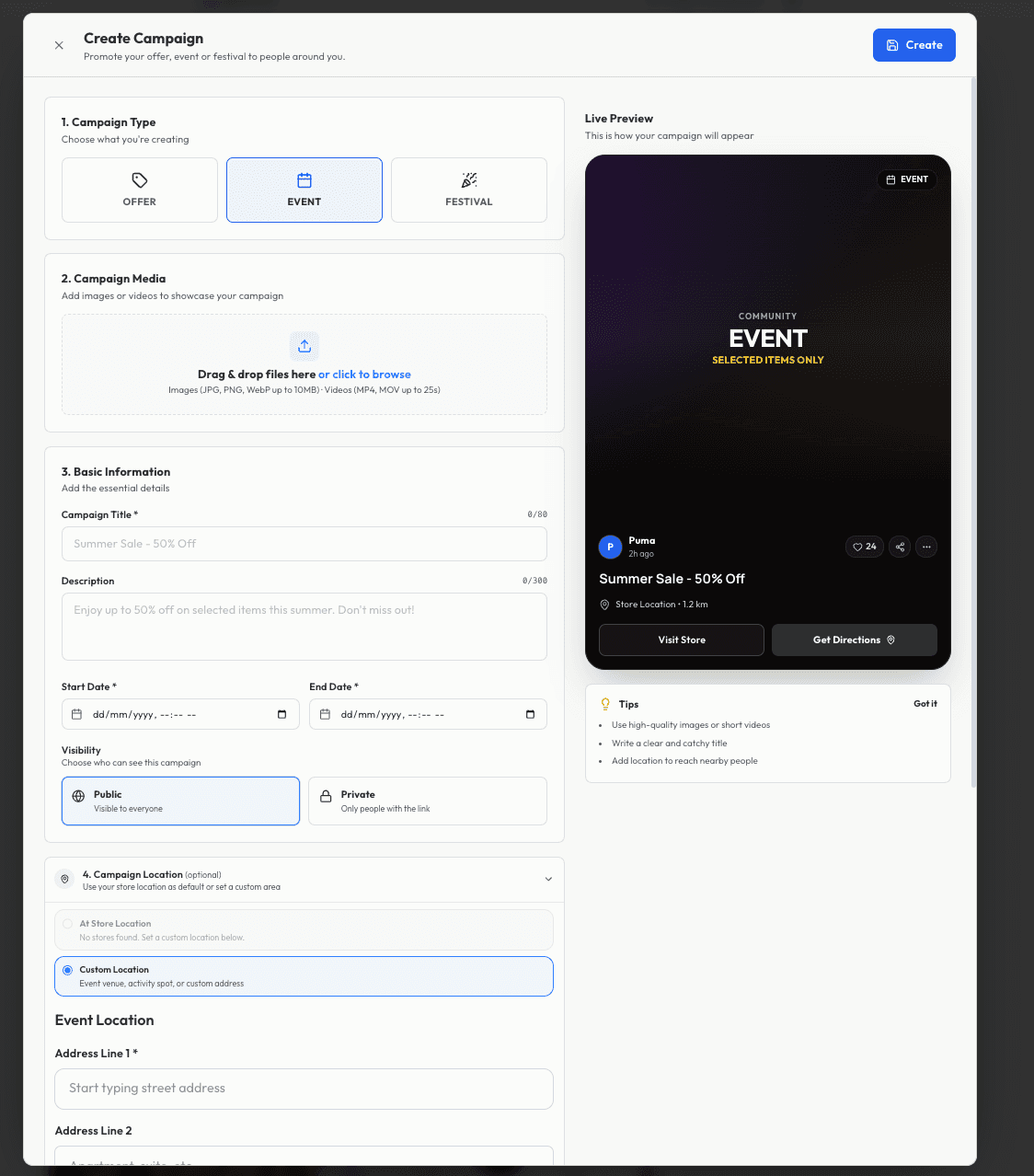 Glimzo merchant campaign composer for publishing a local offer