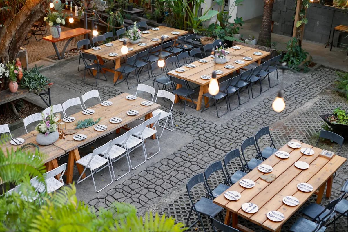 Long tables prepared for a local gathering